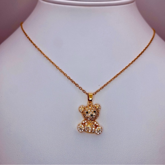 Adorable Teddy Bear Pave CZ Pendant Dainty Chain Necklace in Gold - Picture 4 of 5
